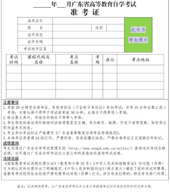 广东省高等教育自学考试准考证参考式样